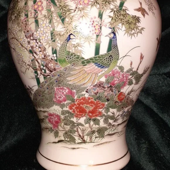 JAPAN FLORAL PEACOCK BIRD GINGER JAR W LID, VINTAGE 1980 OMC OTIGIRI, BEAUTIFUL - Picture 6 of 13